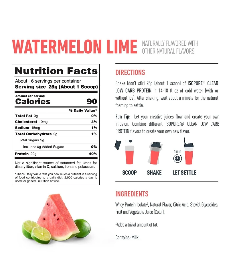Isopure Clear Low Carb 100% Whey Protein Isolate Powder, Watermelon Lime, 20g Protein, About 16 Servings