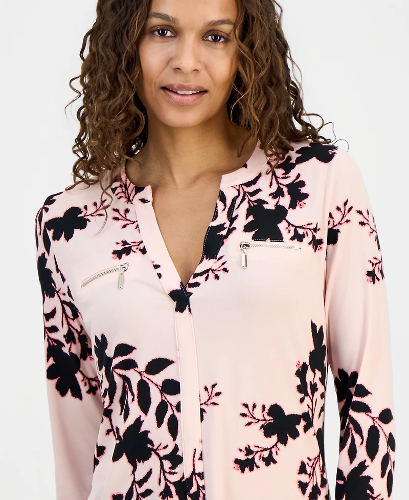 Jm Collection Petite Cameron Floral Split-Neck Zip-Pocket Top, Macy's Exclusive