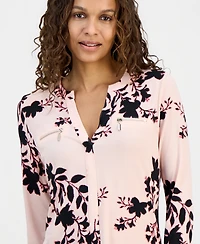 Jm Collection Petite Cameron Floral Split-Neck Zip-Pocket Top, Macy's Exclusive