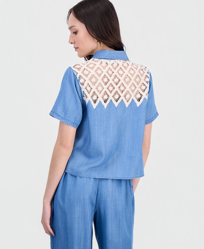 And Now This Petite Crochet-Inset Chambray Short-Sleeve Shirt, Macy's Exclusive