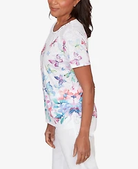 Alfred Dunner Women's Crewneck Butterfly Beaded Side Tie Ruched T-Shirt