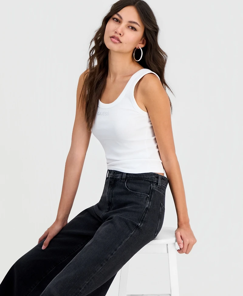 Guess Women's Crystal Logo Ribbed Cropped Tank Top