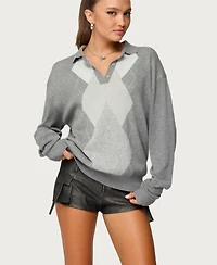 Edikted Women's Kati Argyle Oversized Polo Sweater
