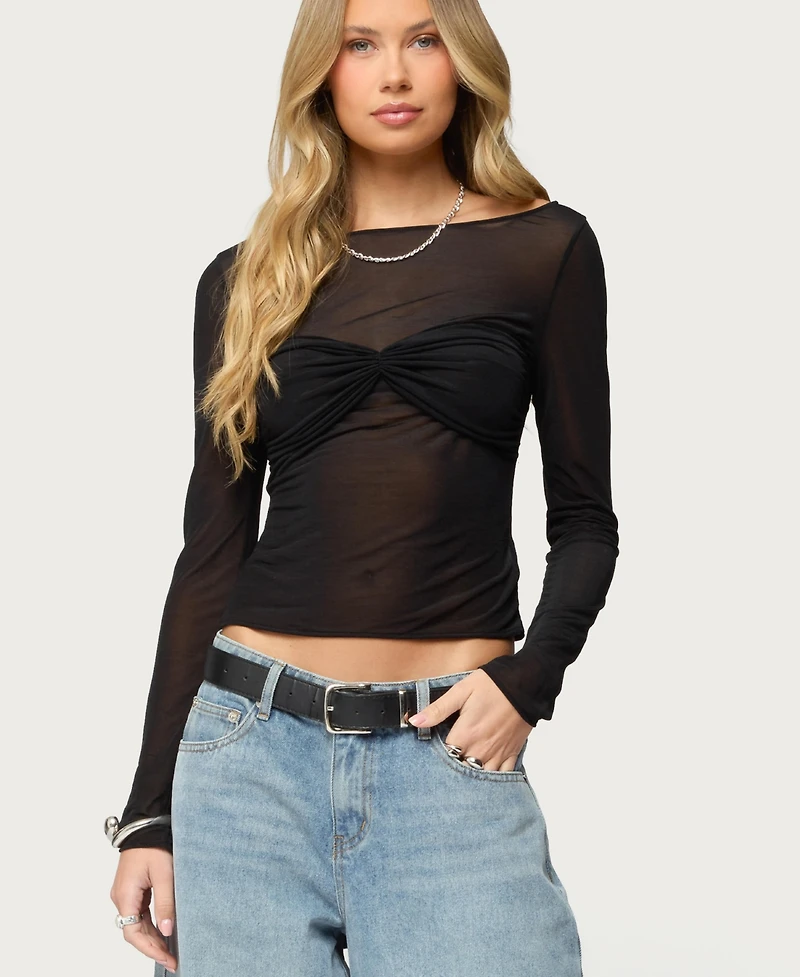 Edikted Women's Oona Sheer Gathered Long Sleeve Top
