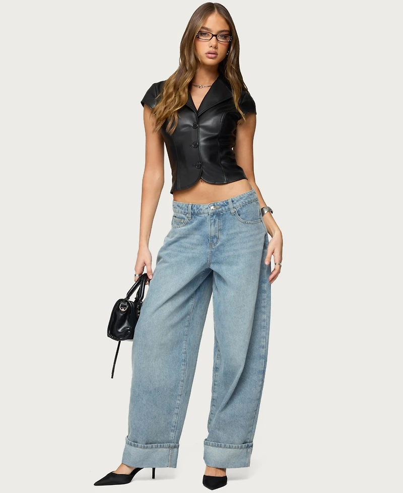 Edikted Womens Faux Leather Tailored Button Up Top