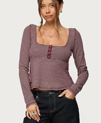 Edikted Women's Sare Striped Babydoll Henley Top