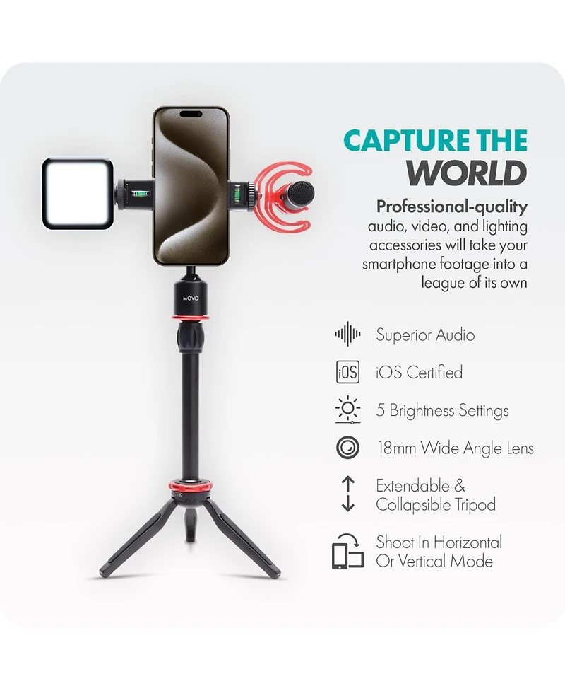 Movo iVlog1-ip Vlogging Kit for iPhone 15/16/17 and up (Usb-c) with Microphone, Mini Tripod, Led Light, Wide-Angle Lens