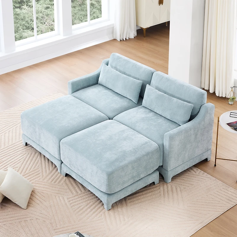 Streamdale Furniture Streamdale Chenille 2-Seater Sofa w/ Ottoman & Pillows - Sky Blue