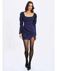 Miss Circle Women's Denise Navy Tweed Ruched Puff Sleeve Mini Dress