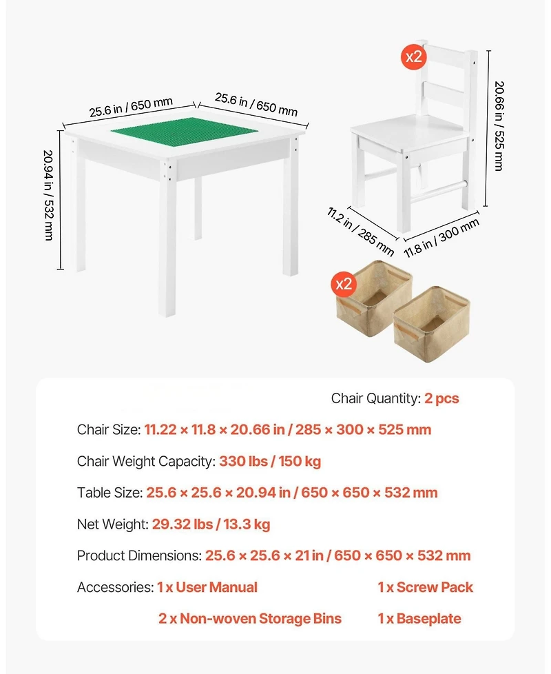 Mecale Kids Activity Table & 2 Chairs Set, Double-Sided Blocks Tabletop w/ Storage, Ages 3+, White