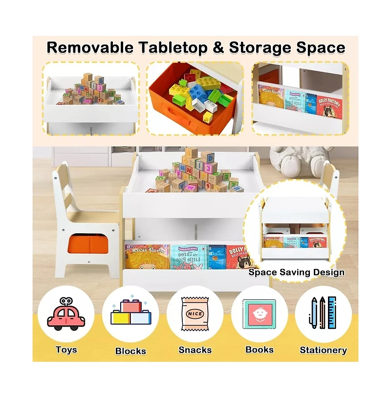 Kinder King 3-in-1 Kids Table with 2 Chairs, Storage and Removable Chalkboard Top