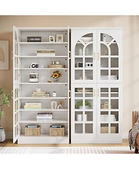 Tribesigns 8-Tier Bookshelf with Doors and Led Lights Set of 2, 68.9" Tall Bookcase with Adjustable Shelves, Modern Wooden Display Cabinet, White