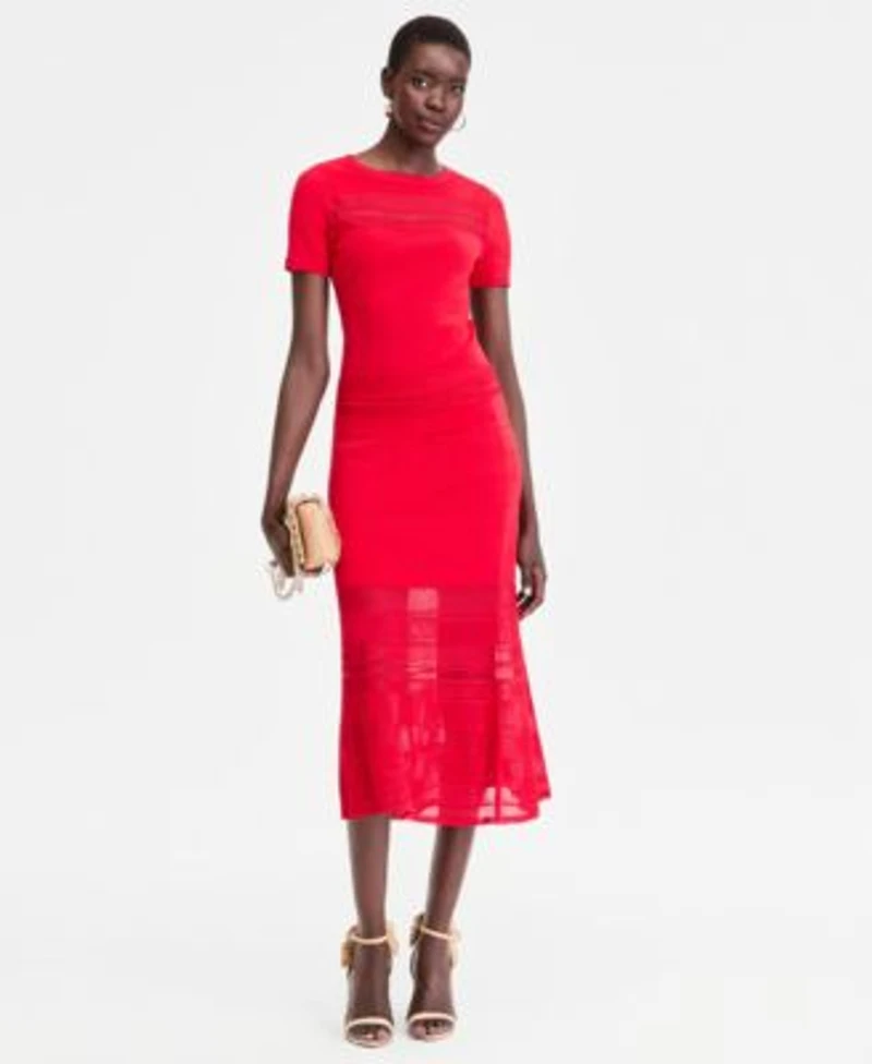 I.N.C. International Concepts Pointelle Stripe Short Sleeve Sweater Midi Skirt