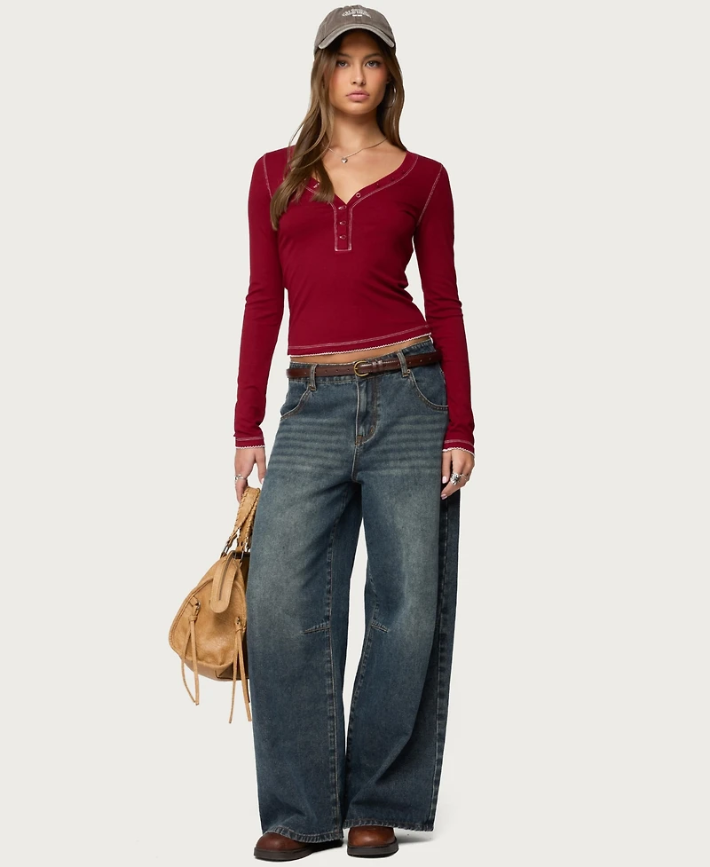 Edikted Womens Yael Contrast Stitch Henley Top