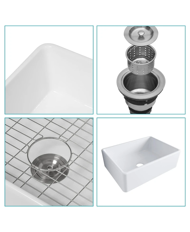 flynama 28x20x10inch White Ceramic Porcelain Single Bowl Rectangular Farmhouse Kitchen Sink with Stainless Steel Accessories