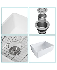 flynama 28x20x10inch White Ceramic Porcelain Single Bowl Rectangular Farmhouse Kitchen Sink with Stainless Steel Accessories