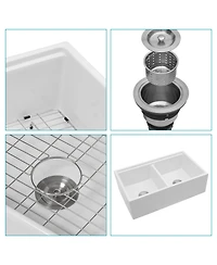 flynama 33x20x10inch White Porcelain Ceramic Double Bowl Farmhouse Workstation Kitchen Sink with Full Accessories