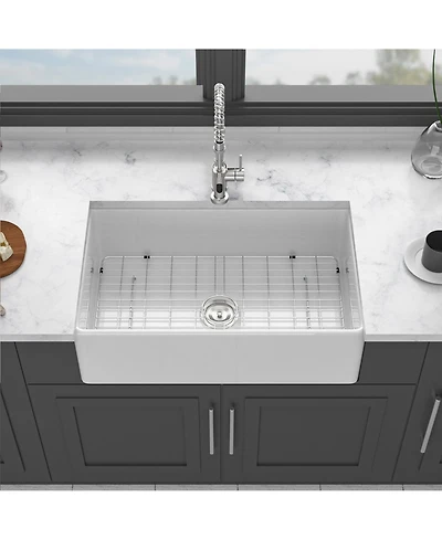 flynama 33x18x10inch White Porcelain Ceramic Single Bowl Reversible Design Kitchen Sink with Stainless Steel Accessories