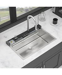 flynama 30x19x9inch Multifunction Single Bowl 16 Gauge T304 Stainless Steel Ledge Workstation Smart Top Mount Waterfall Kitchen Sink