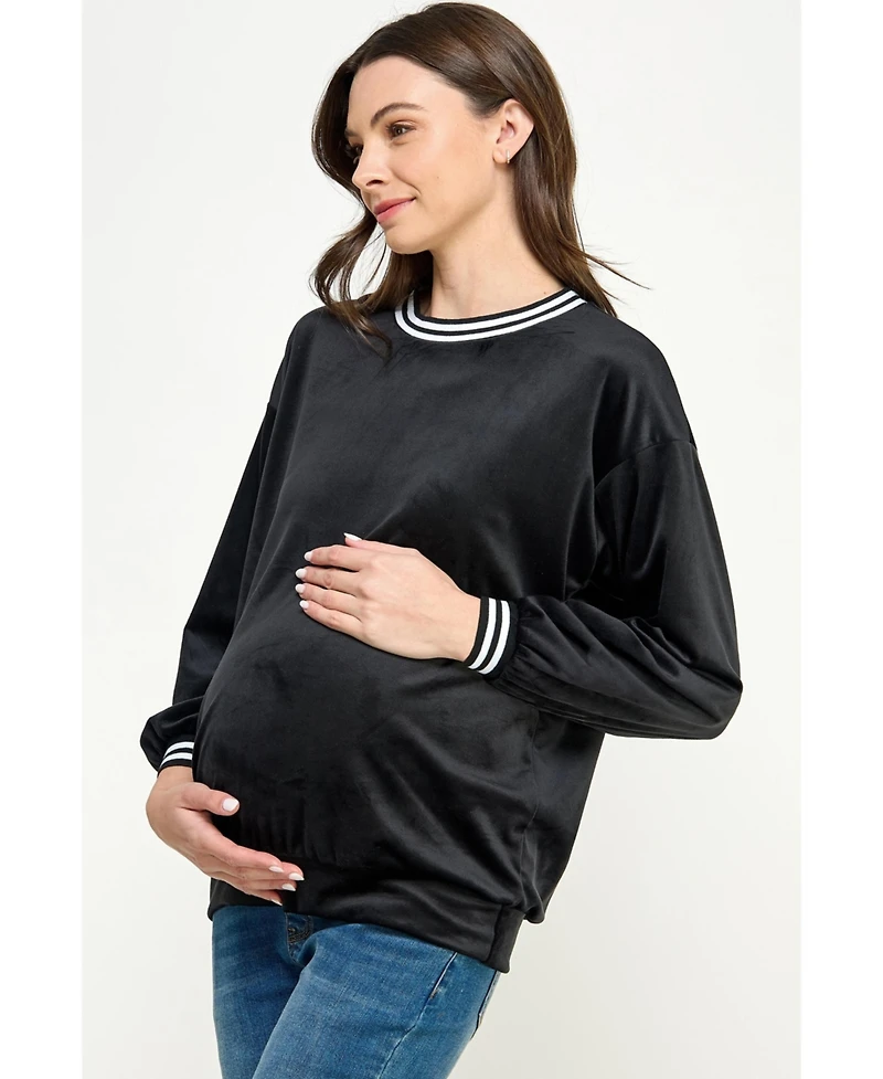 Hello Miz Women's Velvet Striped Neckline Long Sleeve Maternity Sweatshirt Top