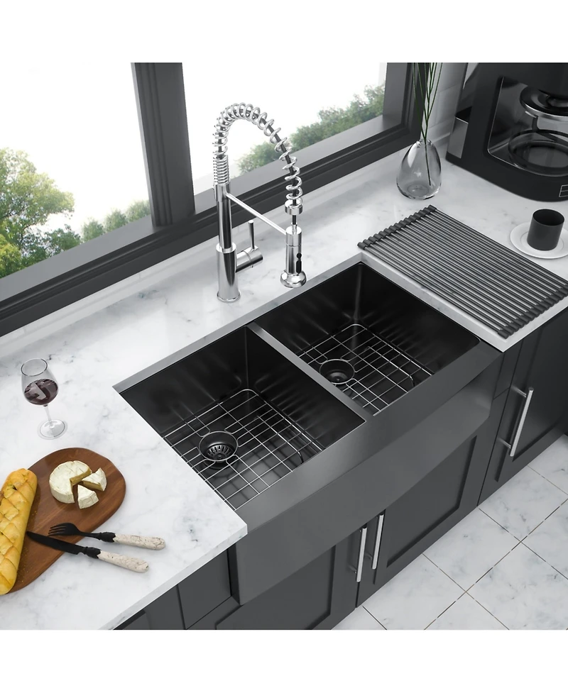 flynama 36x21x10inch Gunmetal Black Farmhouse Kitchen Sink Double Bowl Apron Front Stainless Steel