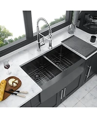 flynama 36x21x10inch Gunmetal Black Farmhouse Kitchen Sink Double Bowl Apron Front Stainless Steel