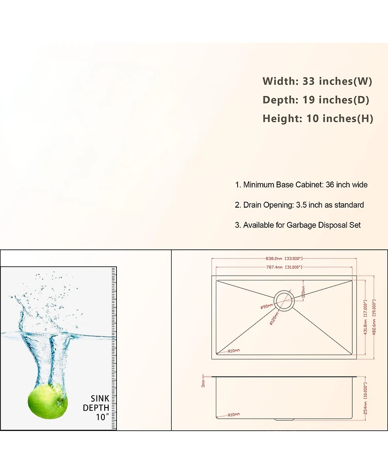 flynama 33x19x10inch Gunmetal Black Kitchen Sink Undermount Single Bowl Stainless Steel 16 Gauge