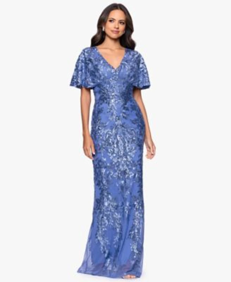 Betsy Adam Womens Sequin Detail Flutter Sleeve Gown