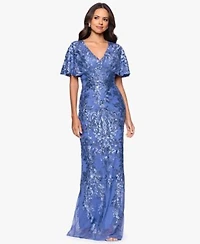 Betsy Adam Womens Sequin Detail Flutter Sleeve Gown