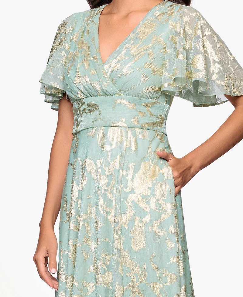 Betsy & Adam Women's Foil Print V-Neck Gown