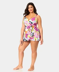 Anne Cole Plus V-Neck Printed Surplice Skirted Swim Dress