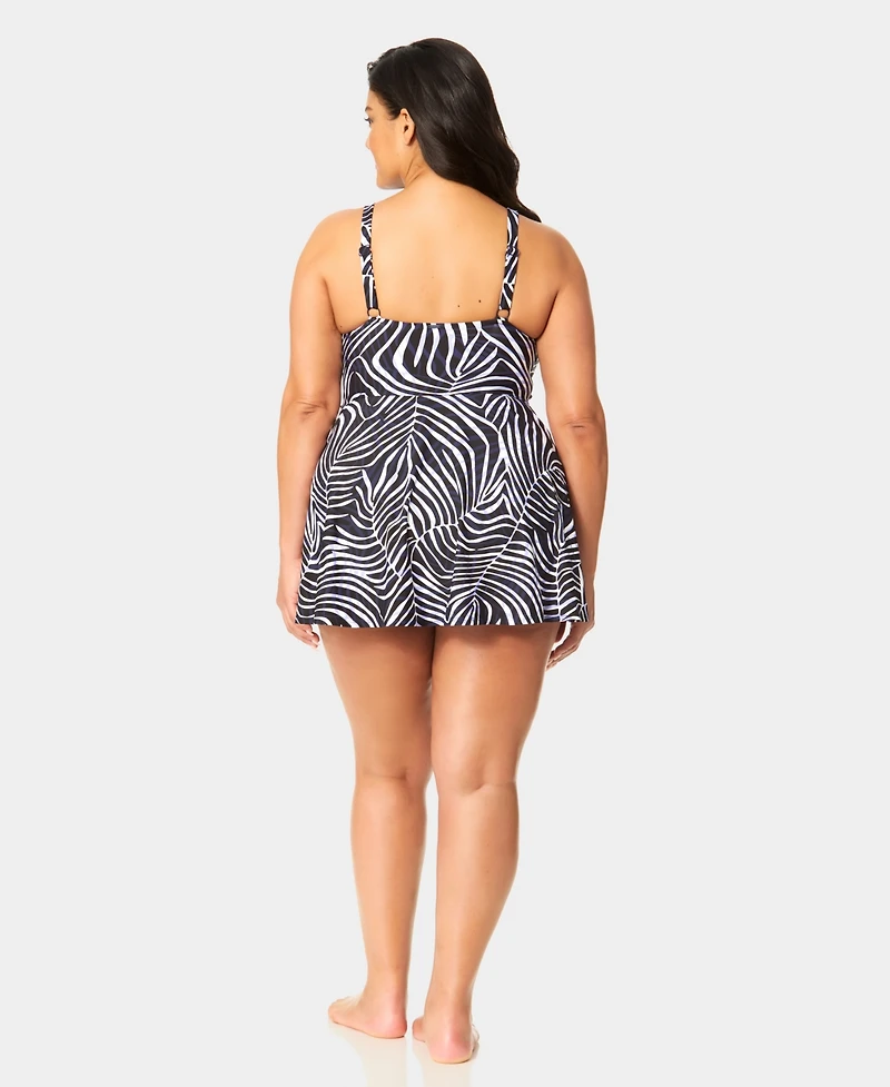 Anne Cole Plus Size V-Neck Surplice Wrap Printed Swim Dress