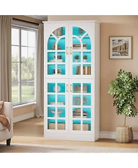 Tribesigns 8-Tier Bookshelf with Doors and Led Lights, 68.9" Tall Bookcase with Adjustable Shelves, Modern Wooden Display Cabinet, White