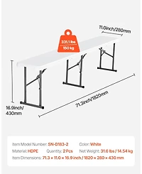 Mecale Plastic Folding Bench, 6 ft Portable Foldable Hdpe Bench for Indoor Outdoor Picnic, Patio, Camping and Events, 2 Pack, White