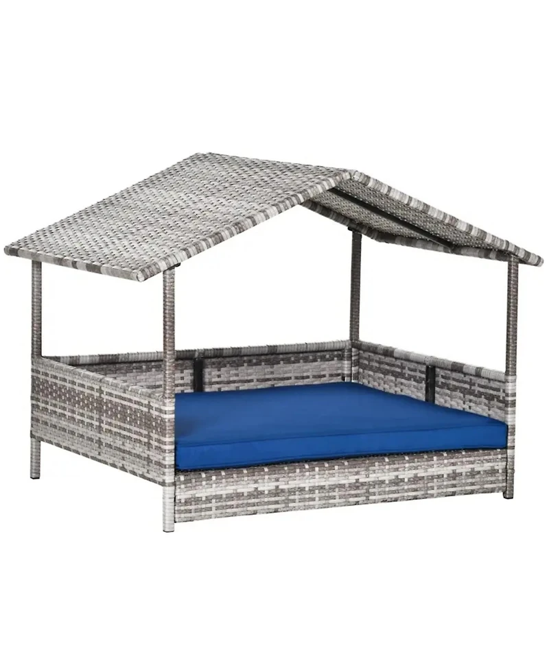 Aostirmotor Rattan Dog House with Dark Blue Cushion for Outdoor in Gray