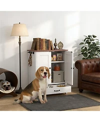 Aostirmotor Dog Bowls Food Storage Cabinet with 2 Doors in White