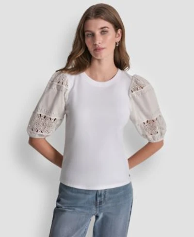 Dkny Jeans Womens Crew Neck Lace Eyelet Pull On Top