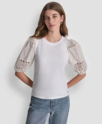 Dkny Jeans Womens Crew Neck Lace Eyelet Pull On Top
