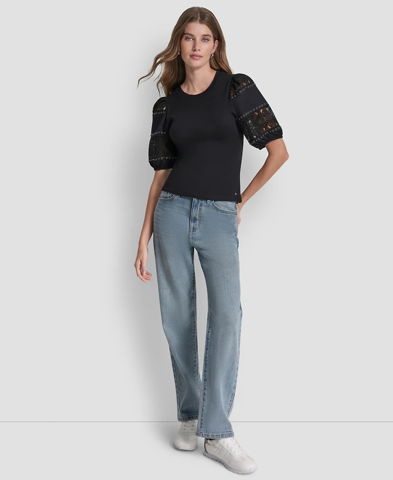 Dkny Jeans Women's Crewneck Lace Eyelet Pull-On Top