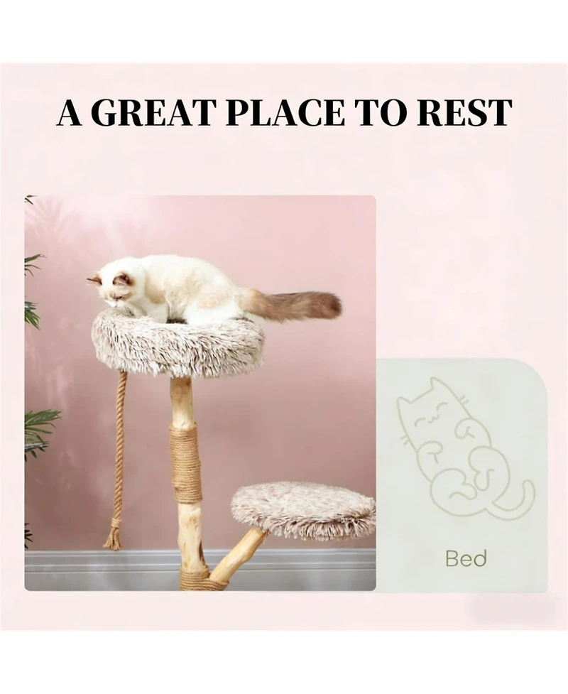 Aostirmotor 35.4'' Cat Tree with Wooden Scratching Posts in Natural Wood