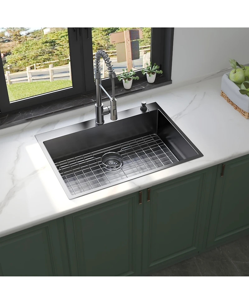 flynama 30x22x9inch Gunmetal Black Kitchen Sink Drop In Topmount Stainless Steel Single Bowl