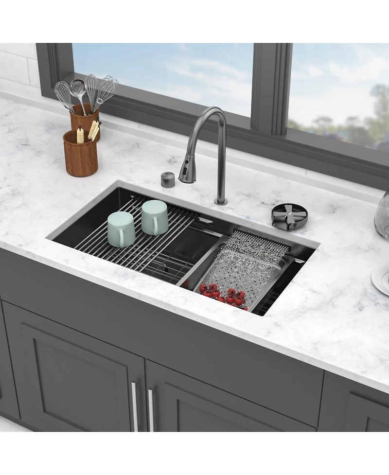 flynama 33x16.72x10inch Undermount Gunmetal Black Waterfall Kitchen Sink Stainless Steel Workstation