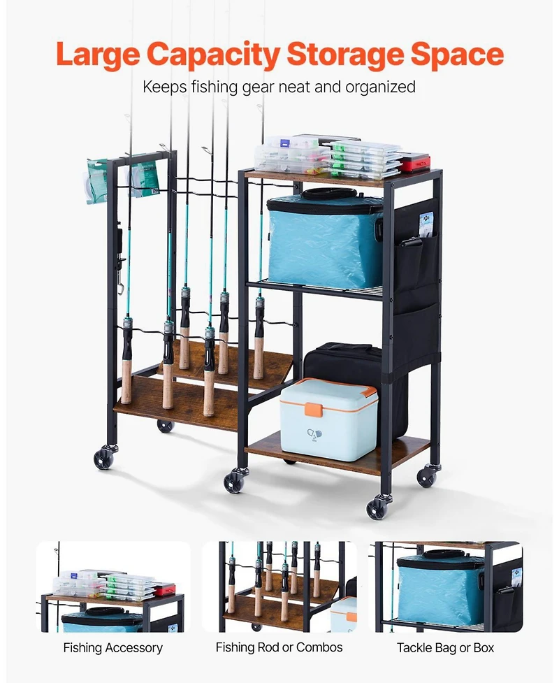 Mecale Fishing Rod Holder, 12-Rod Mobile Pole Rack Cart with Wheels for Garage or Home Fishing Gear Storage