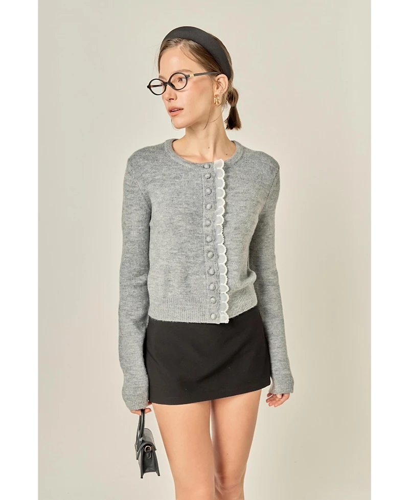 English Factory Women's Scallop Pearl Detail Knit Cardigan Jackets