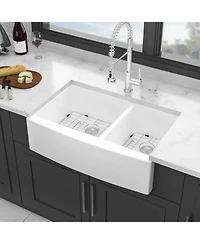 flynama White Ceramic Porcelain 6040 Double Bowl Farmhouse Kitchen Sink with Stainless Steel Accessories