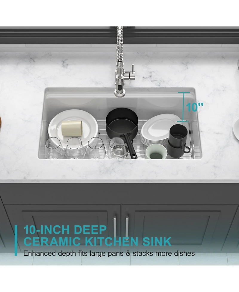 flynama Porcelain Ceramic Single Bowl Dual Mount Undermount Workstation Kitchen Sink