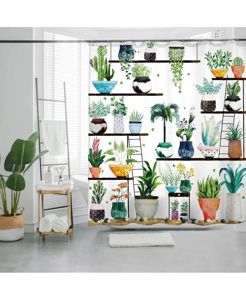 Slickblue 72-in. Watercolor Plants Botanical Floral Flower Pots Succulents Shower Curtain