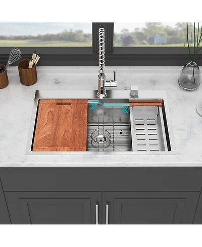 Flynama 33x22x10 Inch Drop In Kitchen Sink 16 Gauge T304 Stainless Steel Ledge Workstation Single Bowl