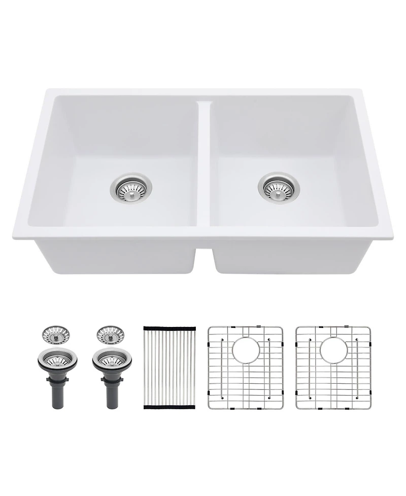 flynama 33x19x10.33inch White Quartz Composite Kitchen Sink Double Bowl Undermount