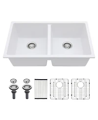 flynama 33x19x10.33inch White Quartz Composite Kitchen Sink Double Bowl Undermount